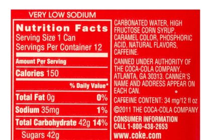 Nutrition facts for coke a cola