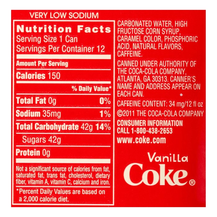 Nutrition facts for coke a cola